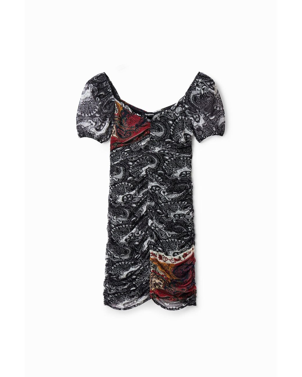 Desigual Black Short Ruched Paisley Dress, Polyester