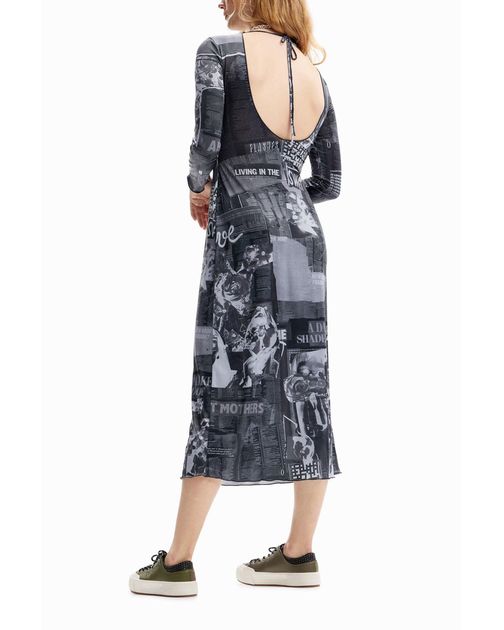 Desigual Blue Slim Newspaper Midi Dress, Polyester