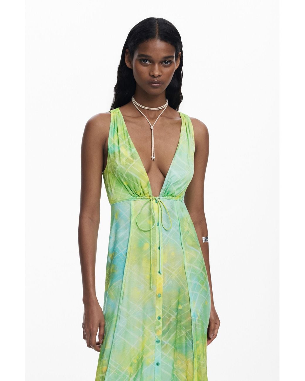 Desigual Green Long Dress With Buttons, Viscose