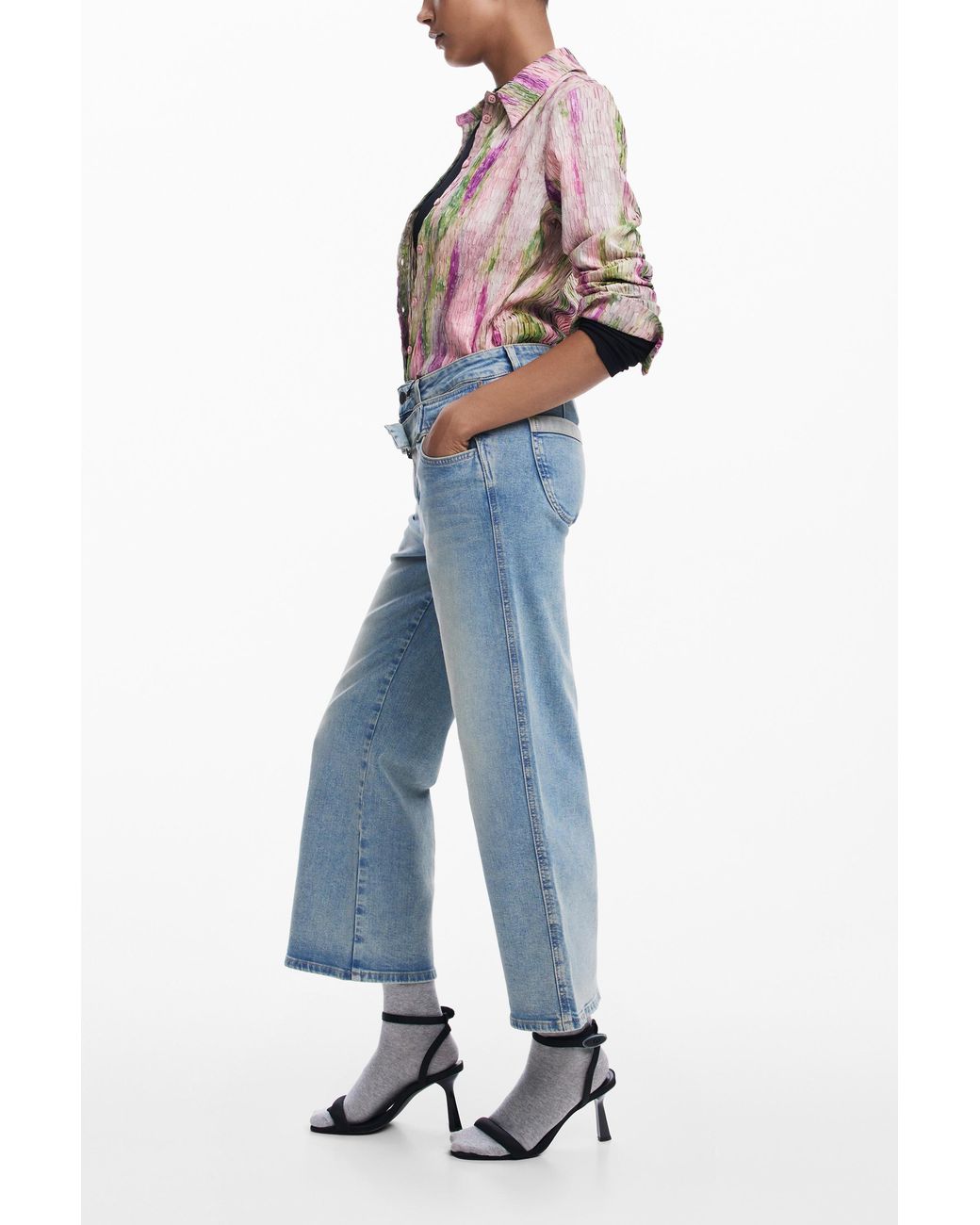 Desigual Blue Culotte Jeans With Belt, Cotton