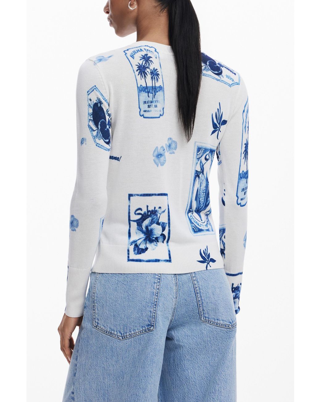 Desigual Blue Tropical Stamps Sweater