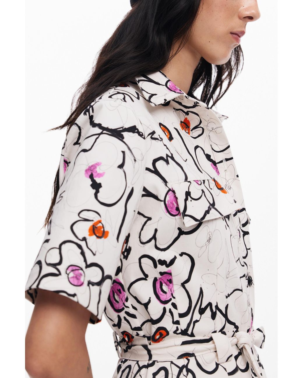 Desigual White Dress With Drawn Flowers, Cotton