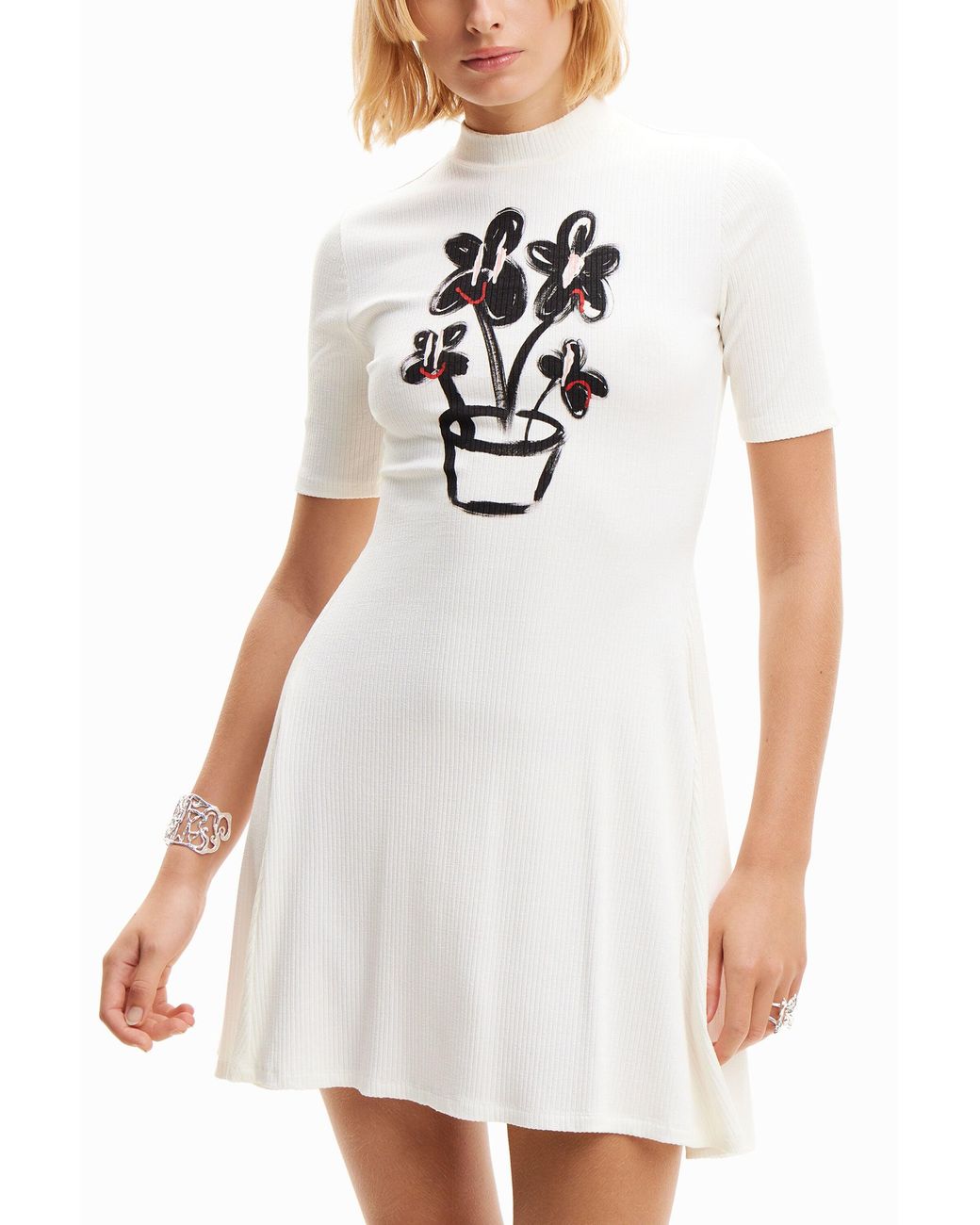 Desigual White Short Plant Skater Dress, Viscose