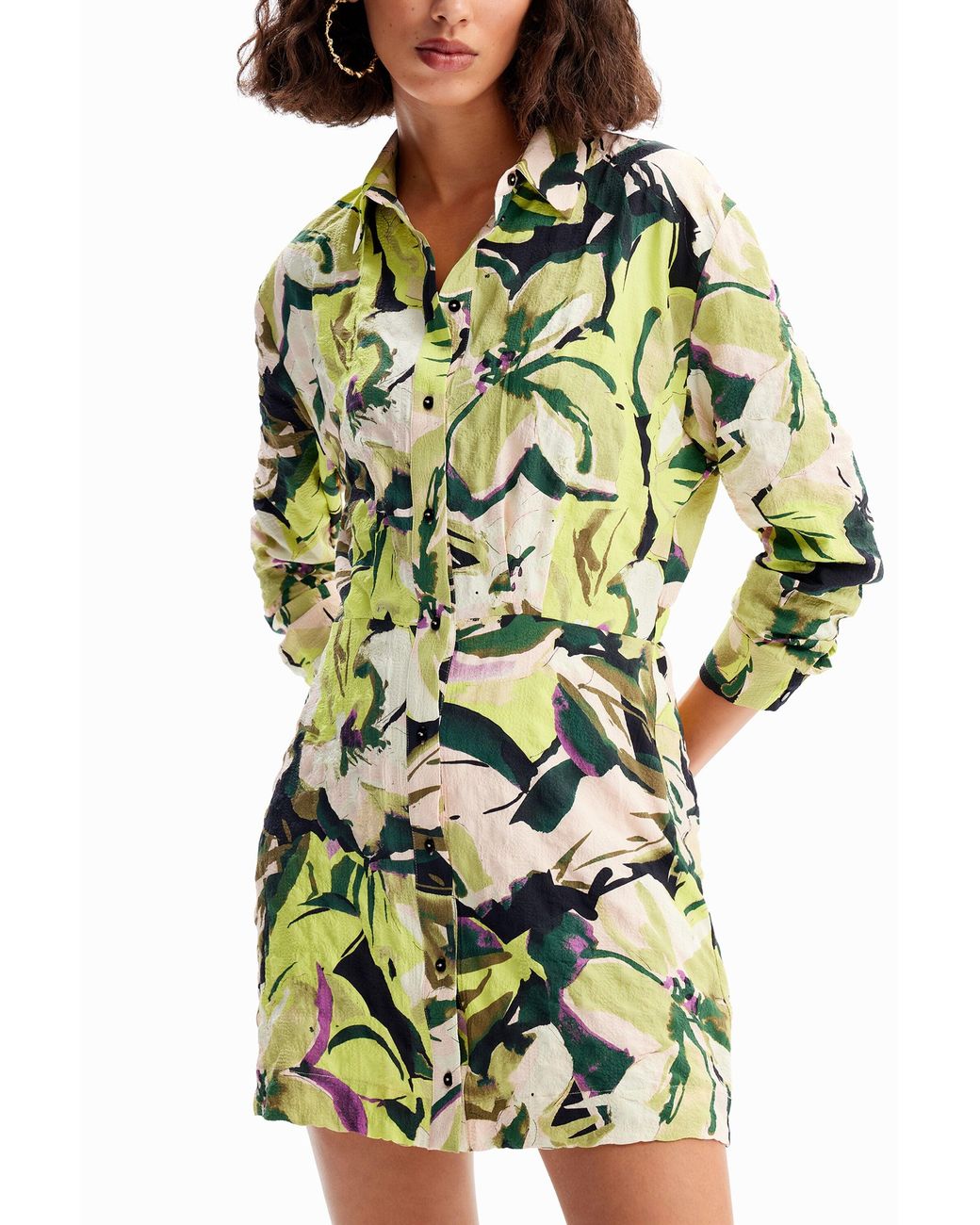 Desigual White Short Floral Shirt Dress, Polyester