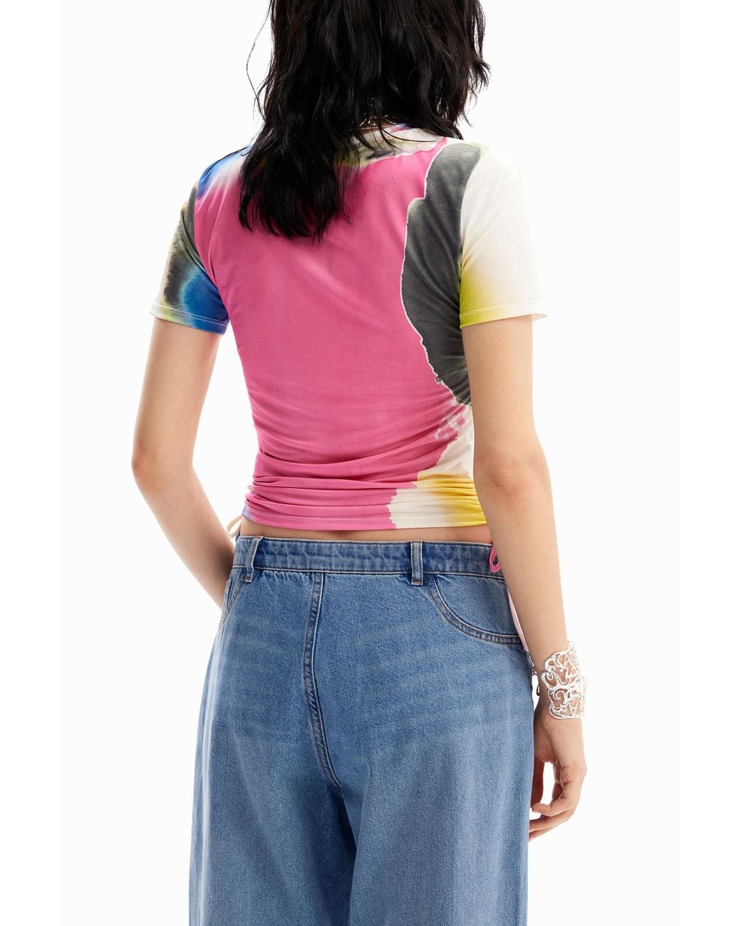 Desigual Blue Short Gathered Watercolour T-Shirt, Polyester