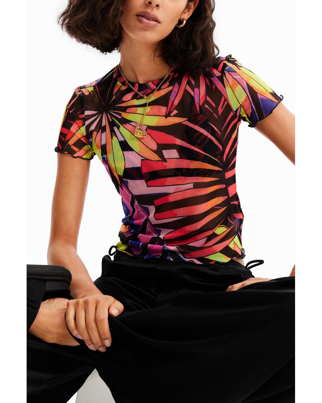 Desigual Red Short Tropical Tulle T-Shirt, Polyester