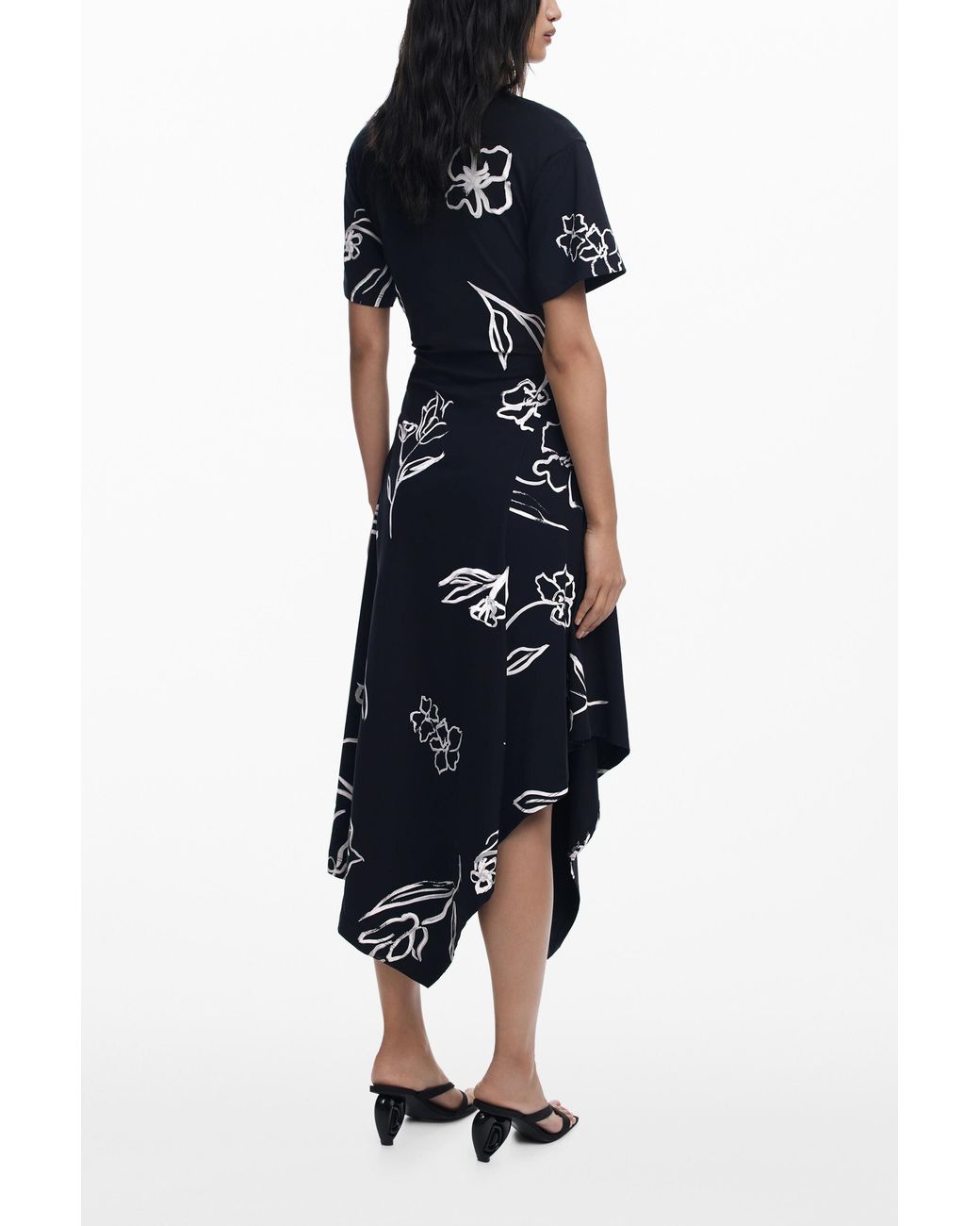 Desigual Black Asymmetric Dress With Floral Strokes, Cotton