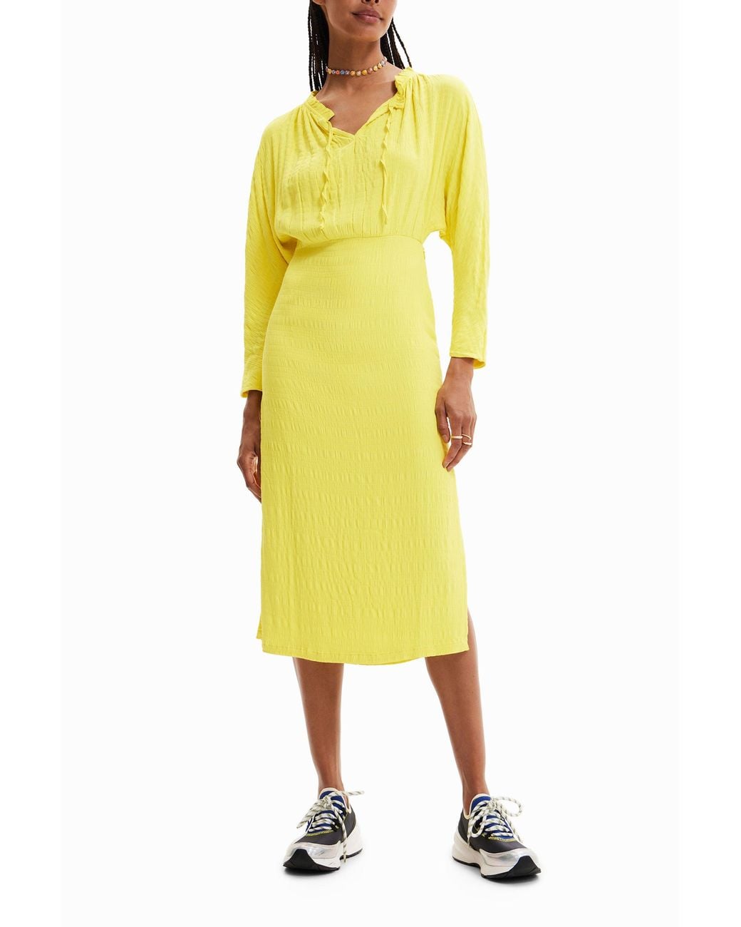 Desigual Yellow Textured Midi Dress, Viscose