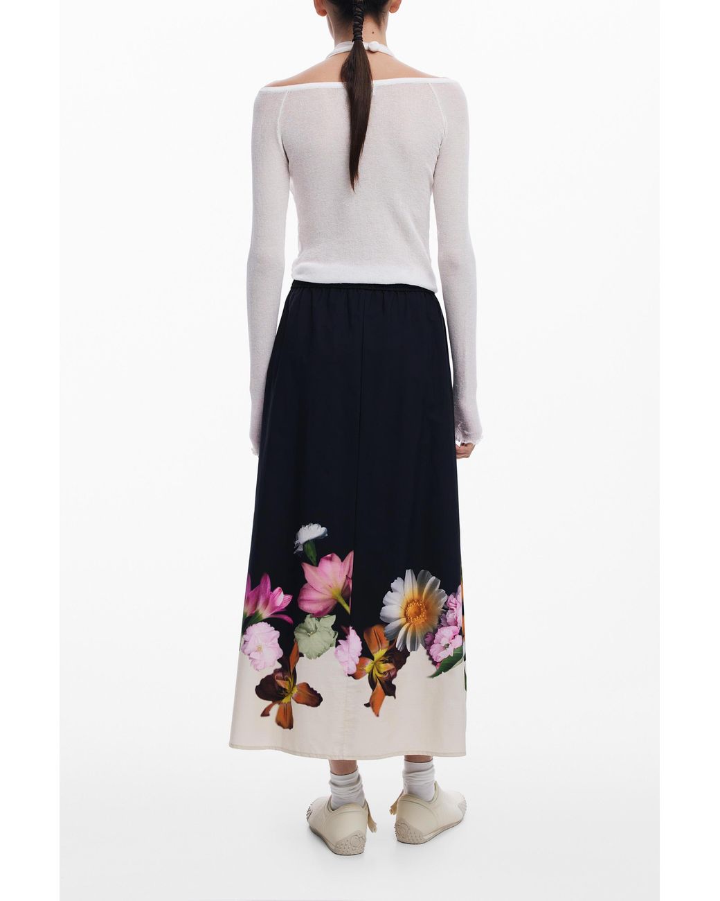 Desigual White Floral Midi Skirt, Cotton