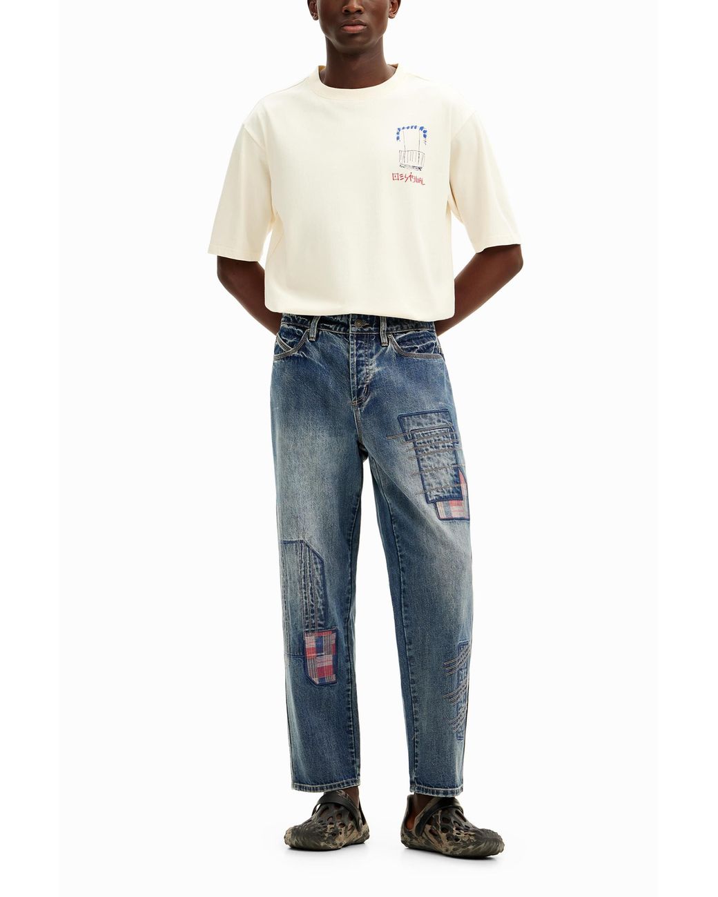Desigual Blue Patched Denim Pants, Cotton for men