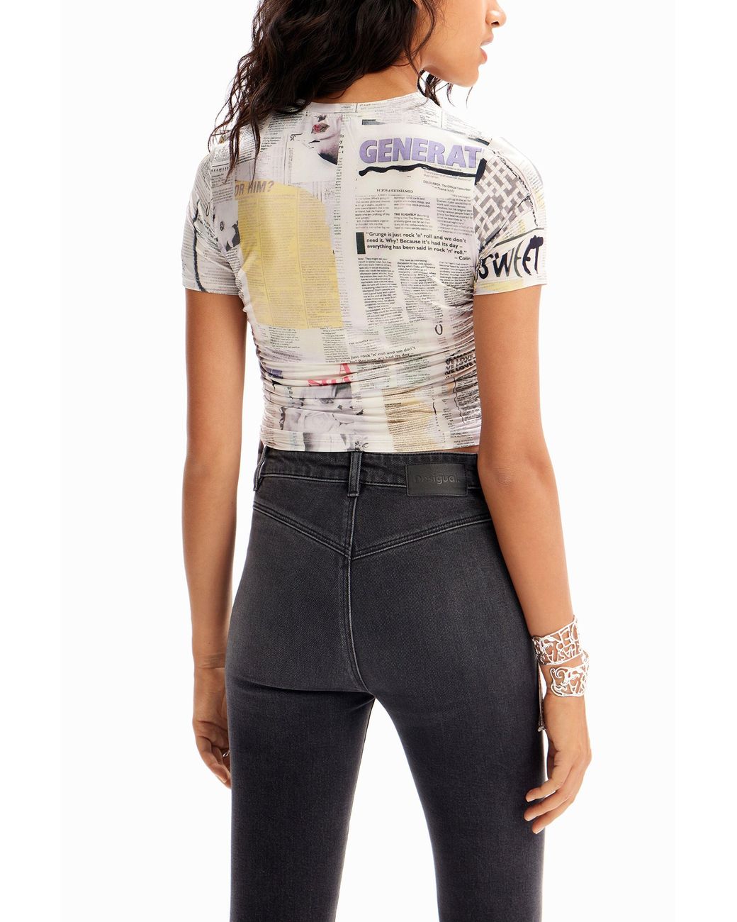 Desigual White Slim Gathered Newspaper T-Shirt, Acetate