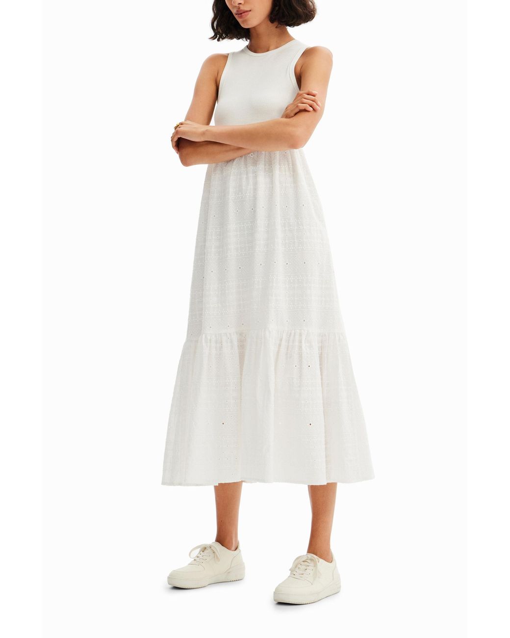 Desigual White Long Embroidered Combination Dress