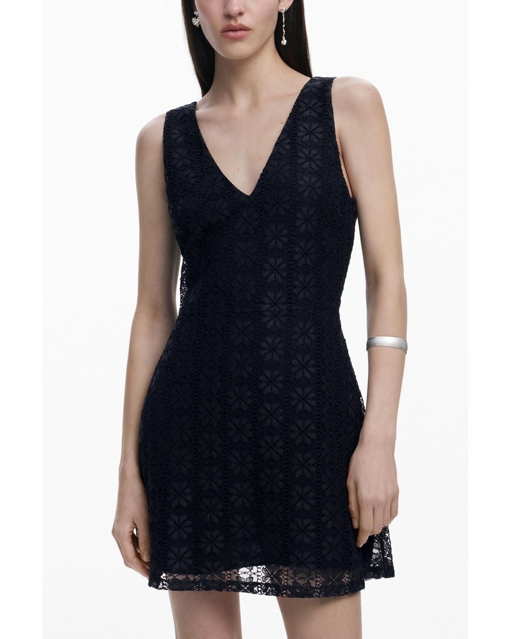 Desigual Blue Sleeveless Lace Dress, Polyester