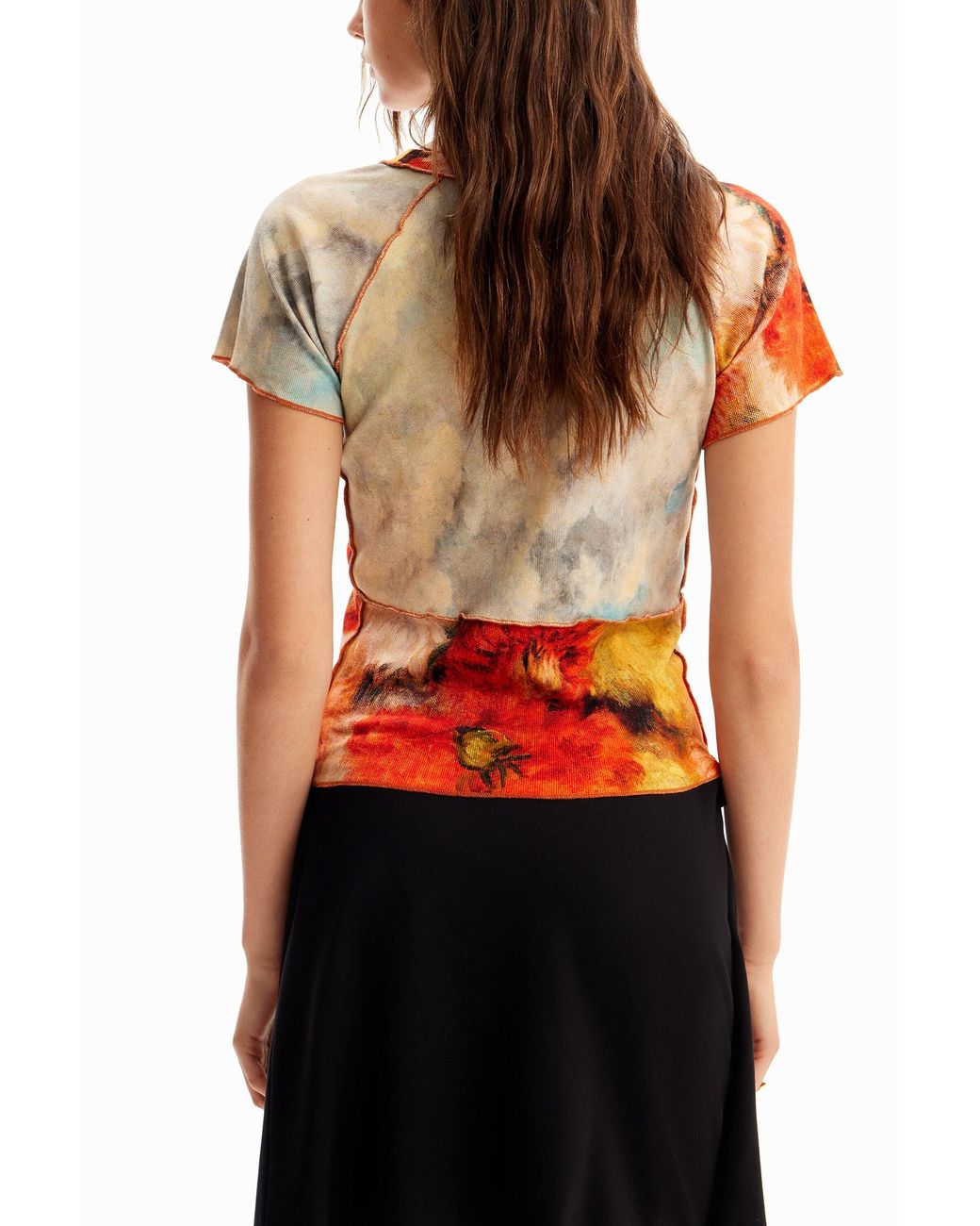 Desigual Orange Slim Short-Sleeve Patchwork Floral T-Shirt, Cotton