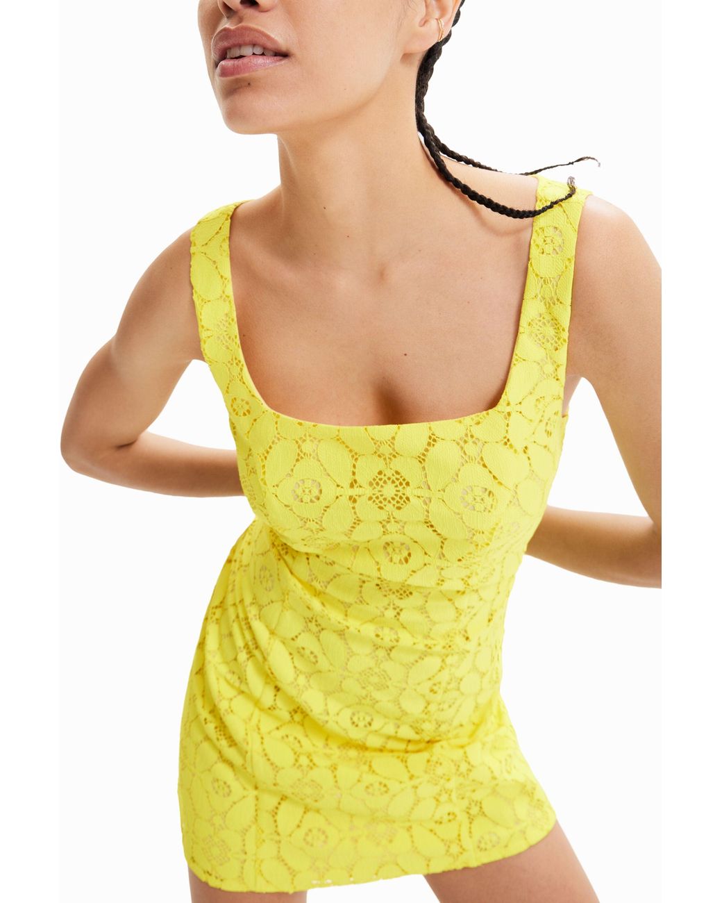 Desigual Yellow Short Lace Dress, Polyester