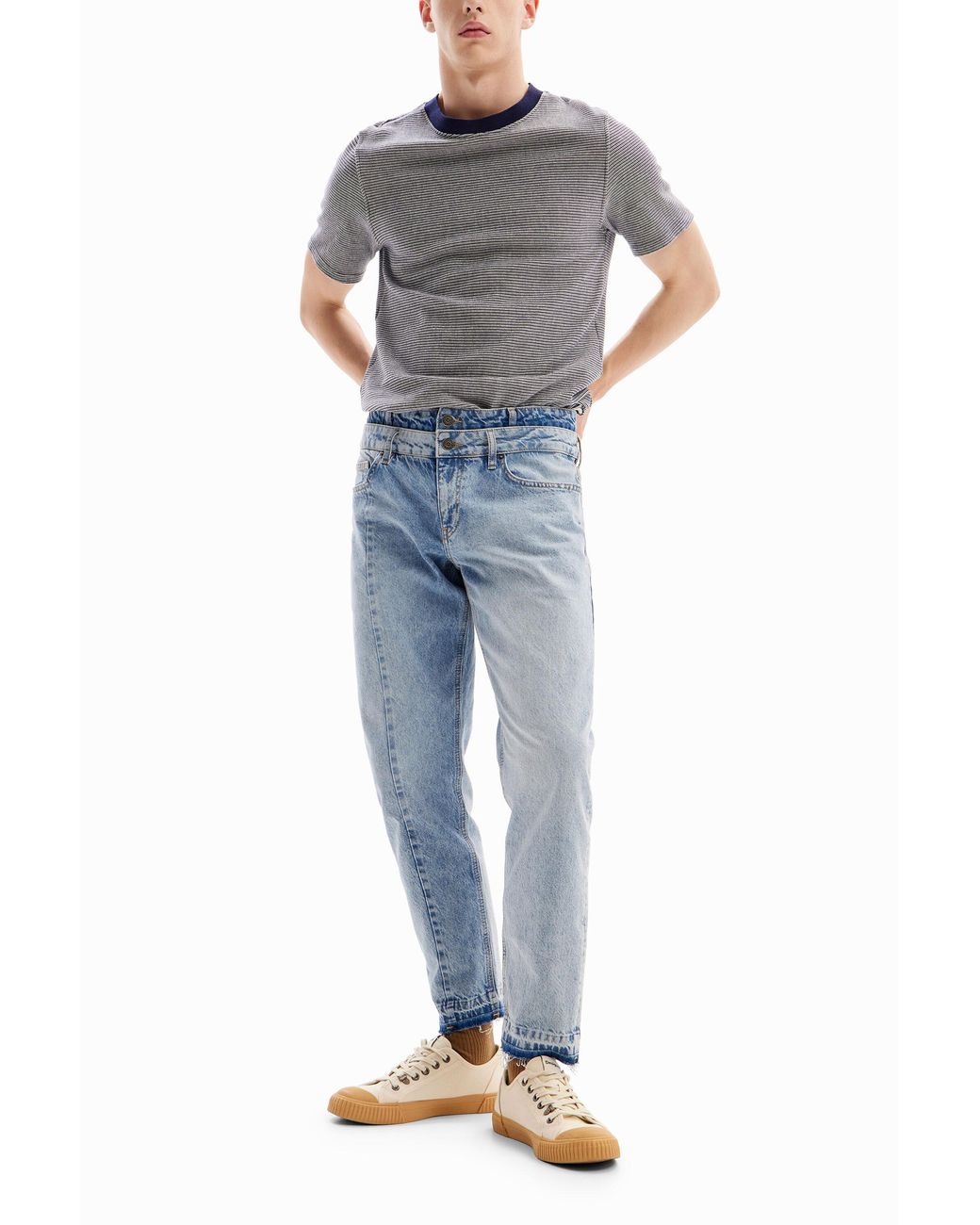 Desigual Gray Striped T-Shirt With Details for men