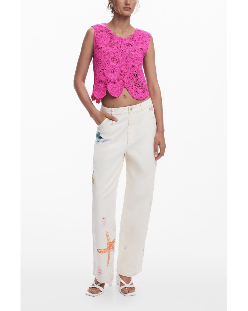 Desigual Pink Cropped Crochet Top, Cotton
