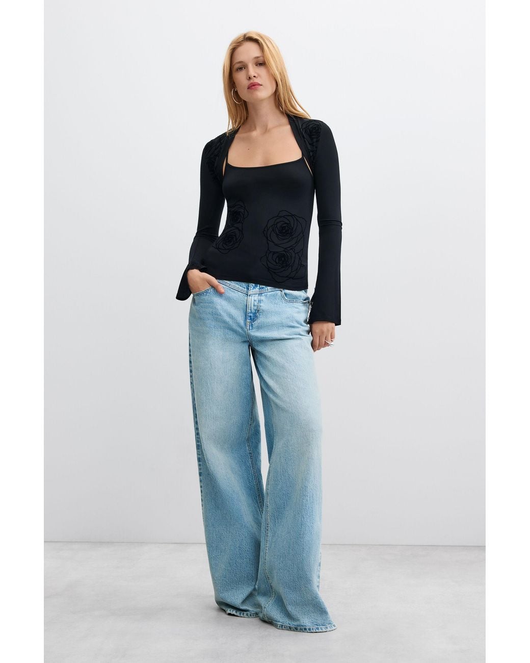 Desigual Black 2-In-1 T-Shirt With Flocked Details, Viscose