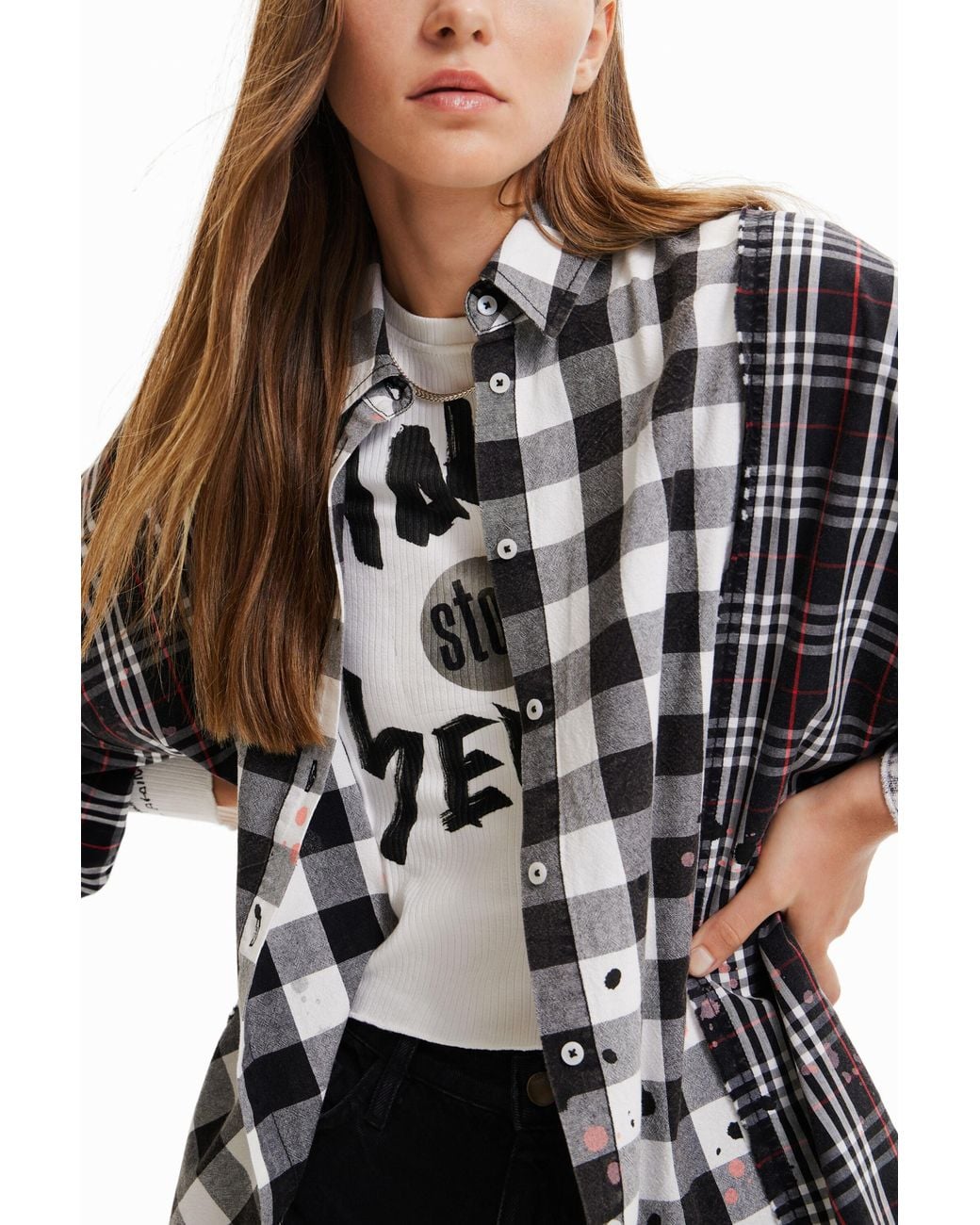 Desigual White Patchwork Plaid Shirt, Cotton