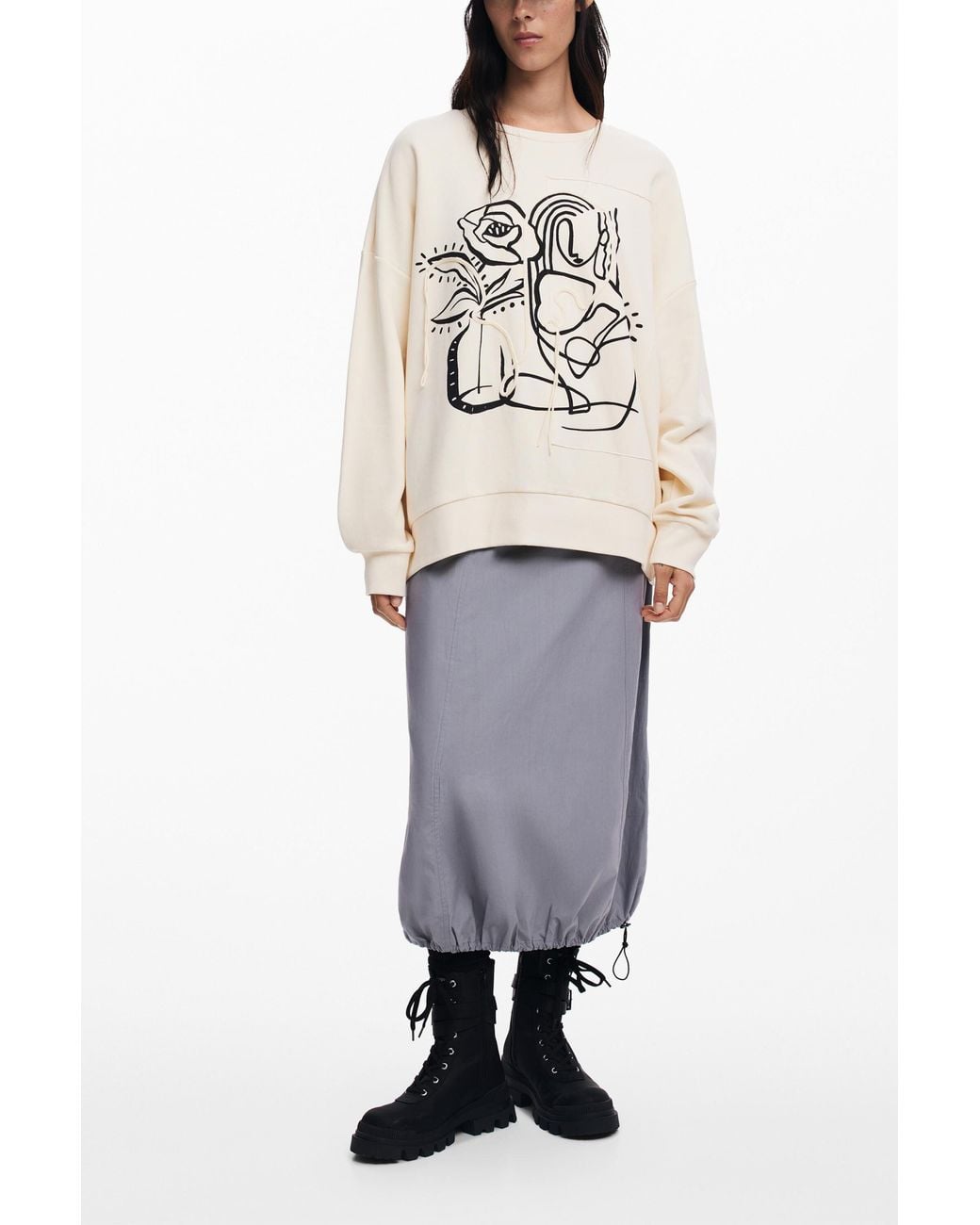 Desigual White Oversized Floral Sweatshirt, Cotton