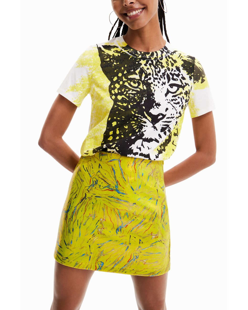 Desigual Yellow Arty Slim Mini Skirt, Polyurethane