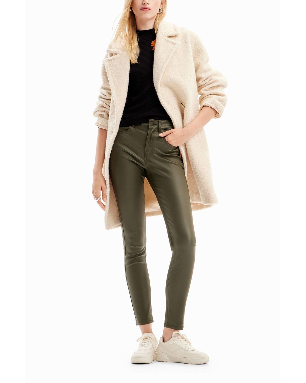 Desigual Green Leather-Effect Slim Trousers, Polyurethane