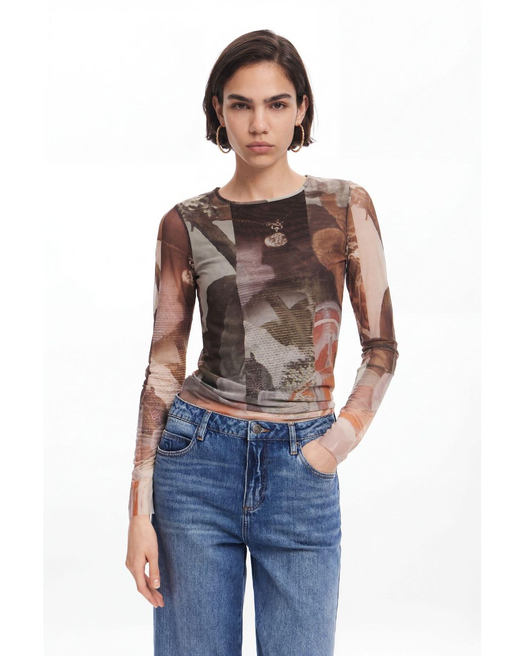 Desigual Blue Floral Print T-Shirt, Polyester