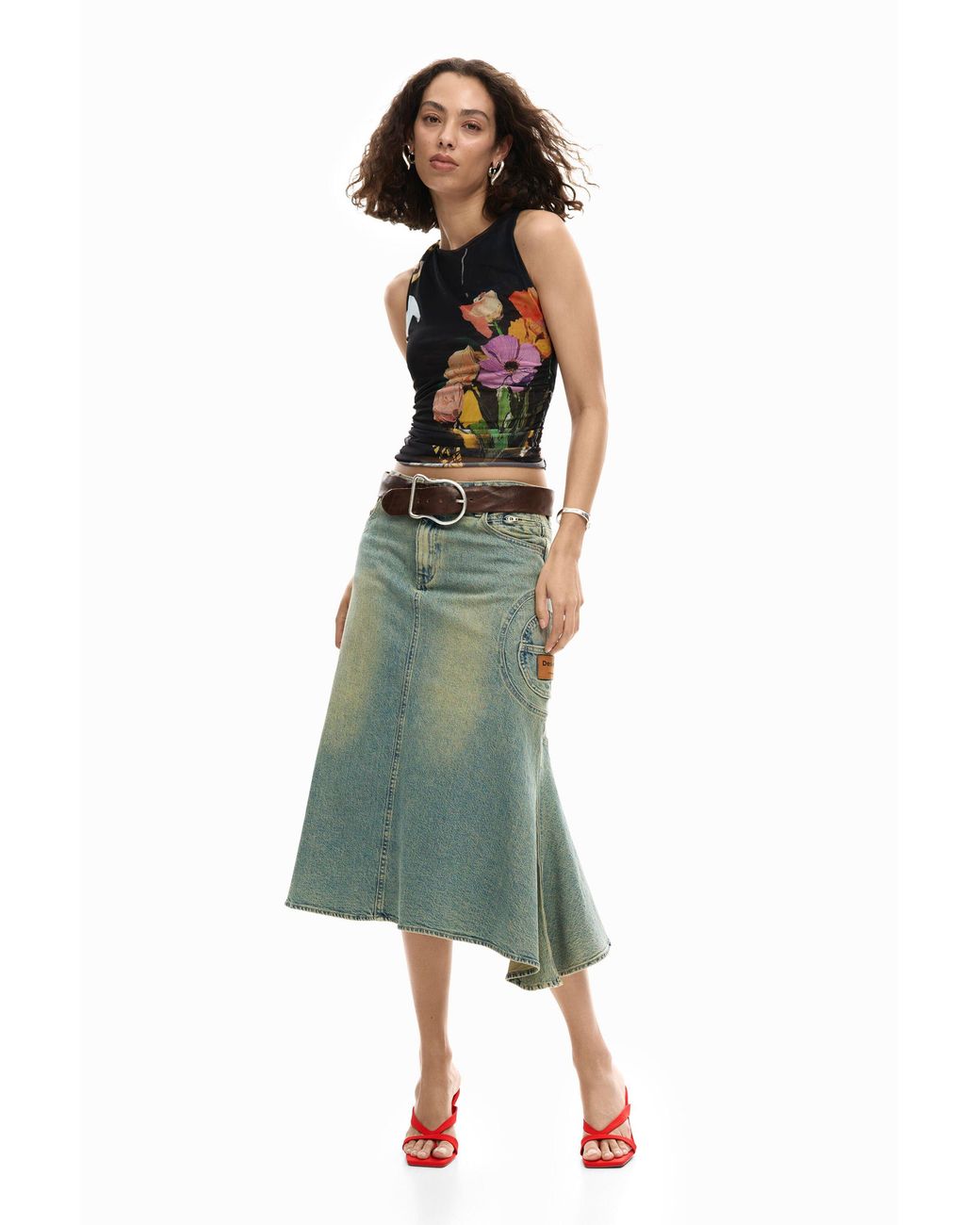 Desigual Black Mesh T-Shirt With Flowers, Polyester