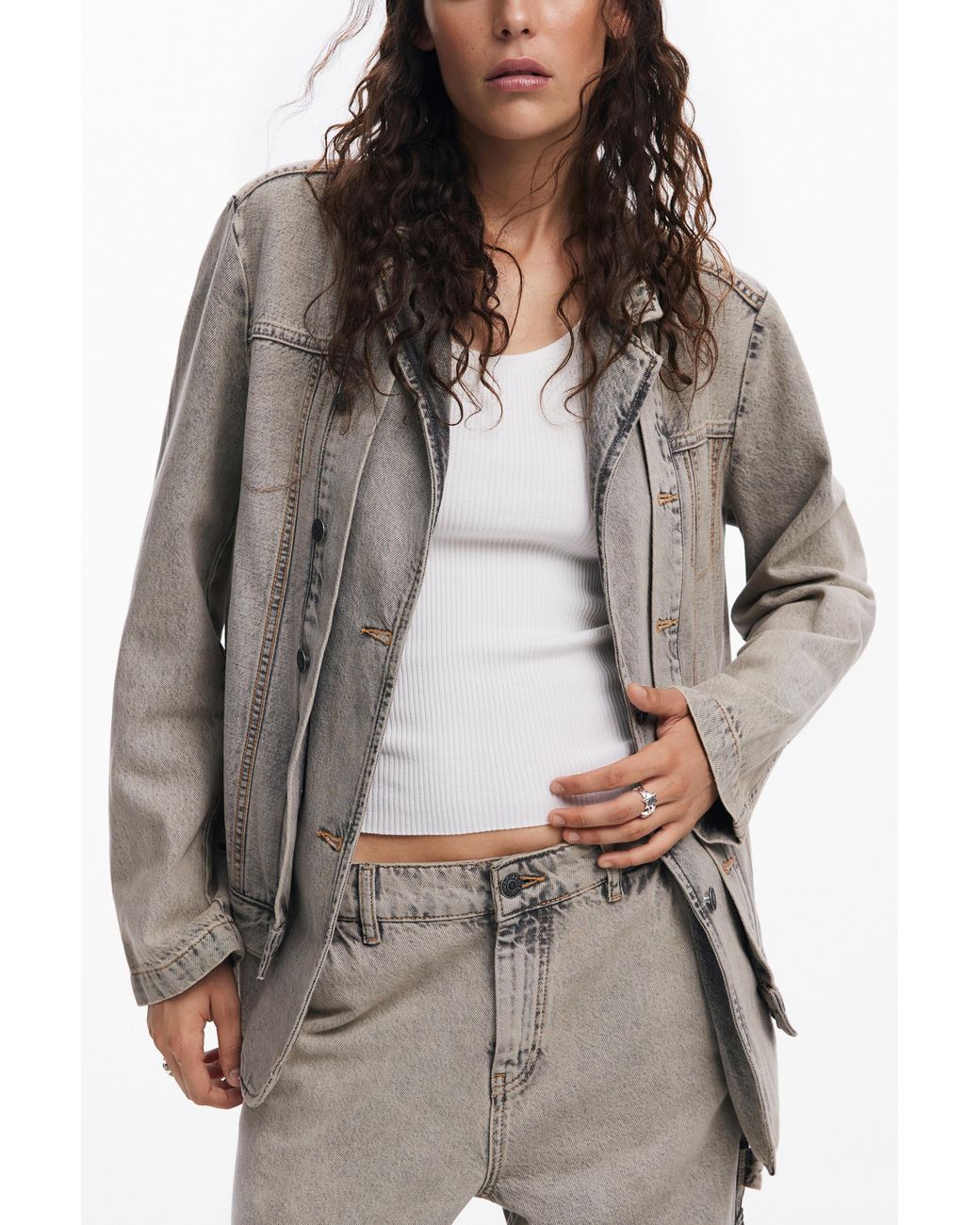 Desigual Gray Distressed Denim Blazer, Cotton