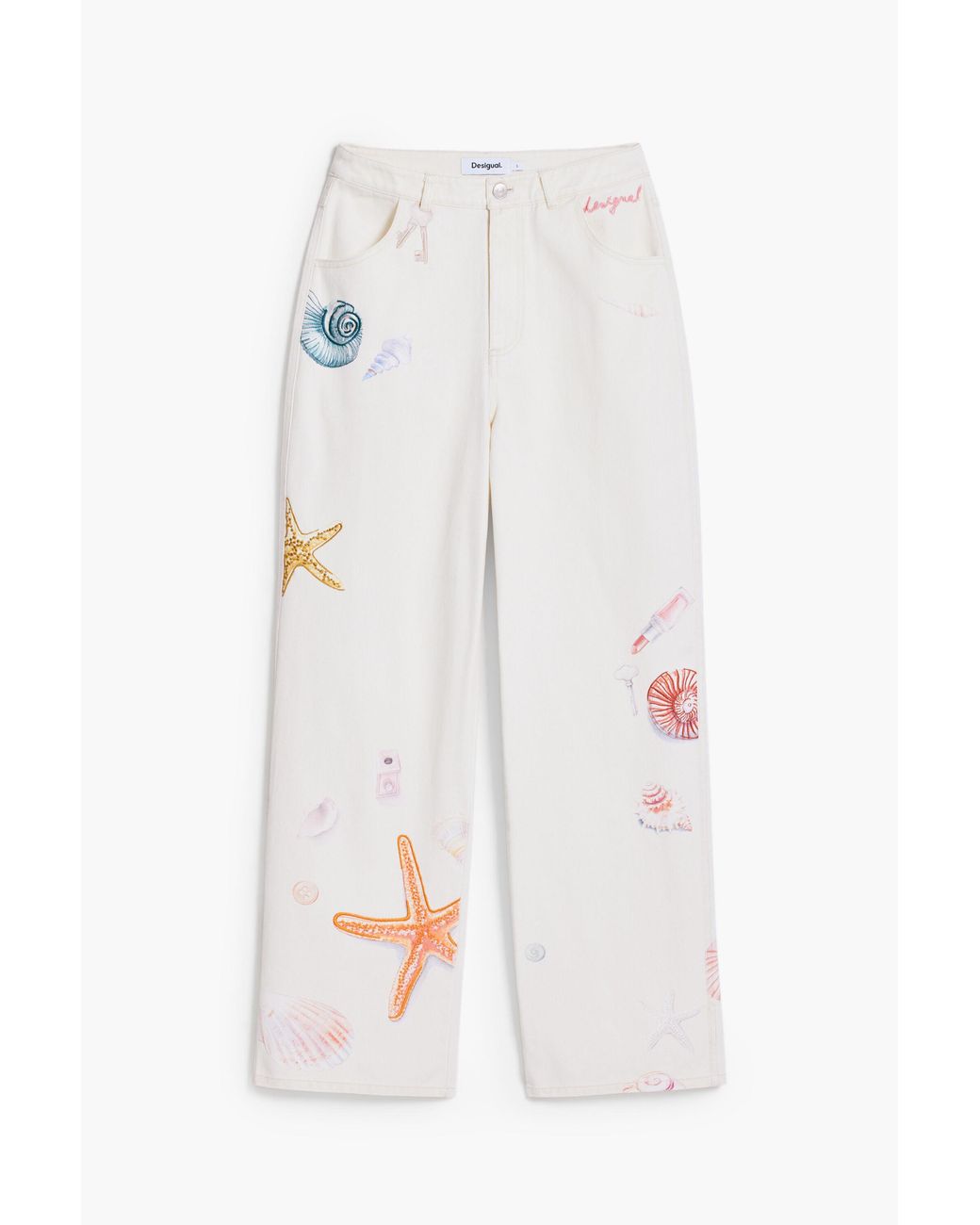 Desigual White Straight Pants With Sea Stars, Cotton