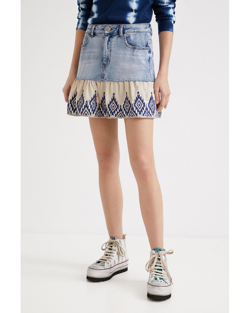 Desigual Blue Flounce Patchwork Denim Miniskirt