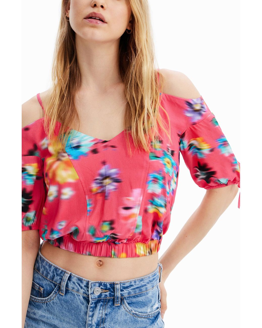 Desigual Short Gathered Floral Blouse, Viscose