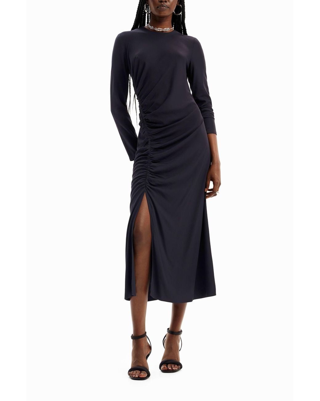 Desigual Blue Gathered Midi Dress, Viscose