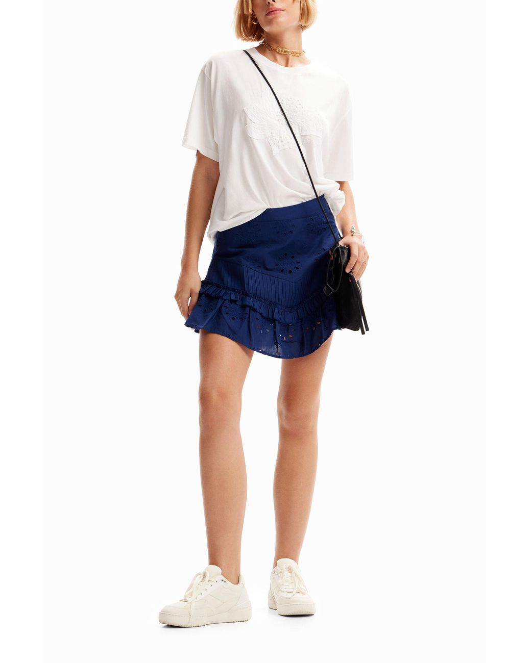 Desigual Blue Swiss Embroidery Ruffle Miniskirt, Cotton