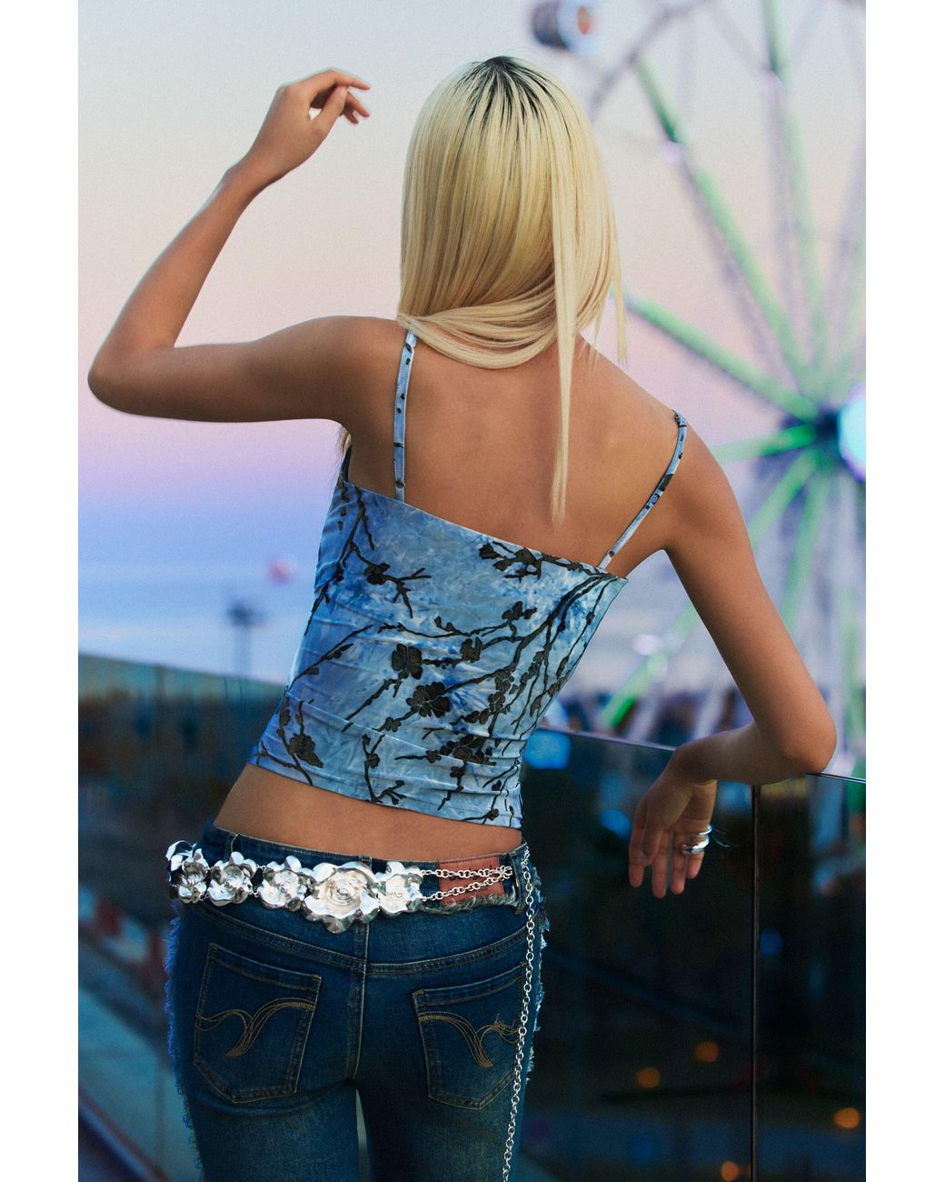 Desigual Blue Flocked Strappy Top, Polyester