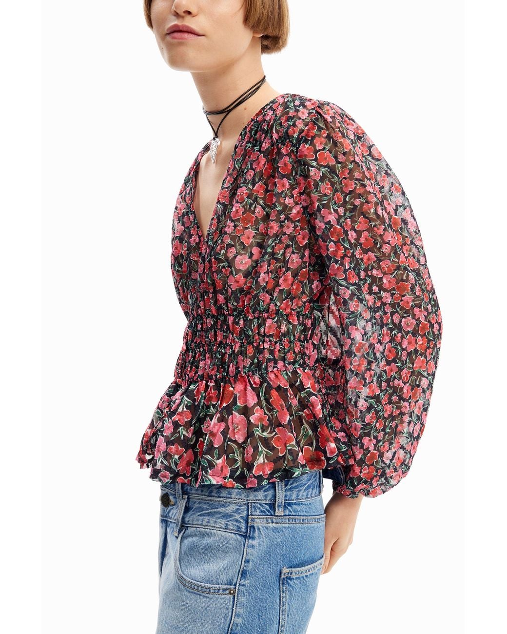 Desigual Red Floral Plumetis Blouse, Polyester