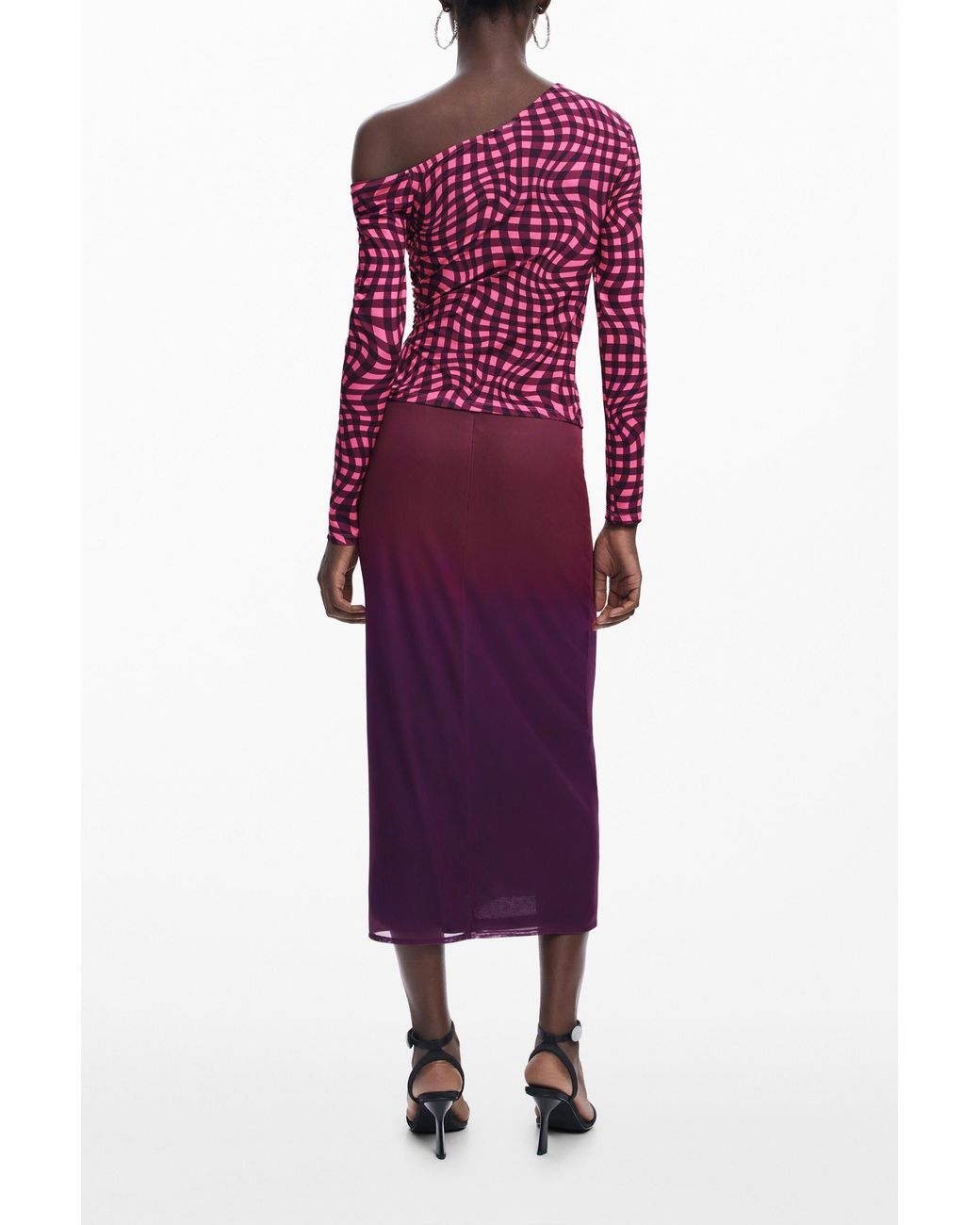 Desigual Red Asymmetric T-Shirt With Psychedelic Checks, Polyester