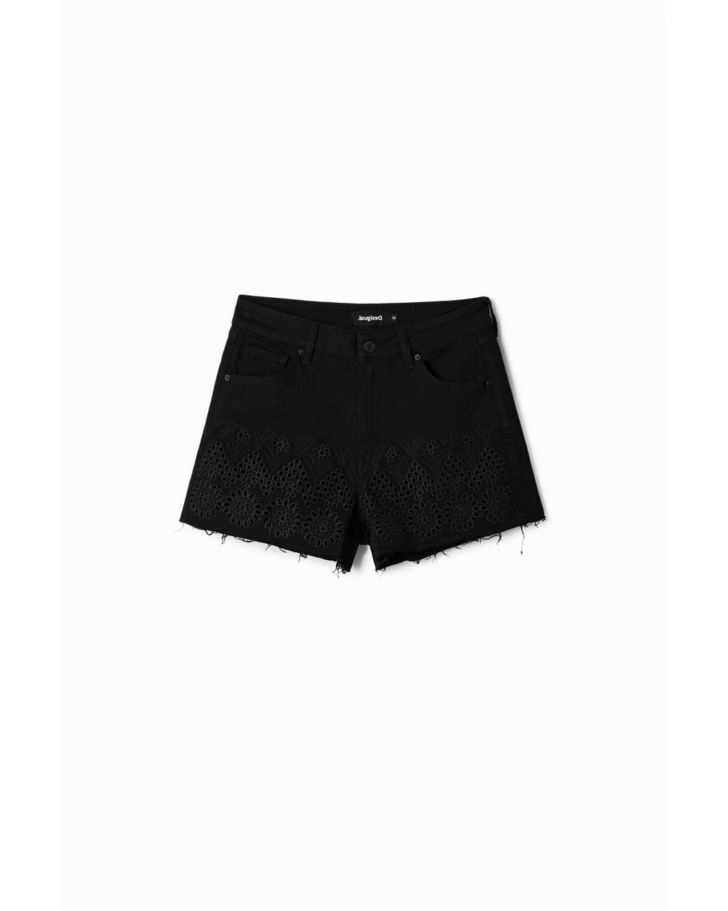 Desigual Black Embroidered Denim Shorts, Cotton