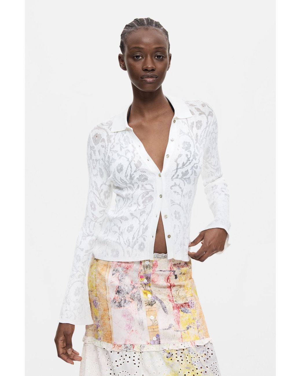 Desigual White Floral Printed Skirt, Cotton