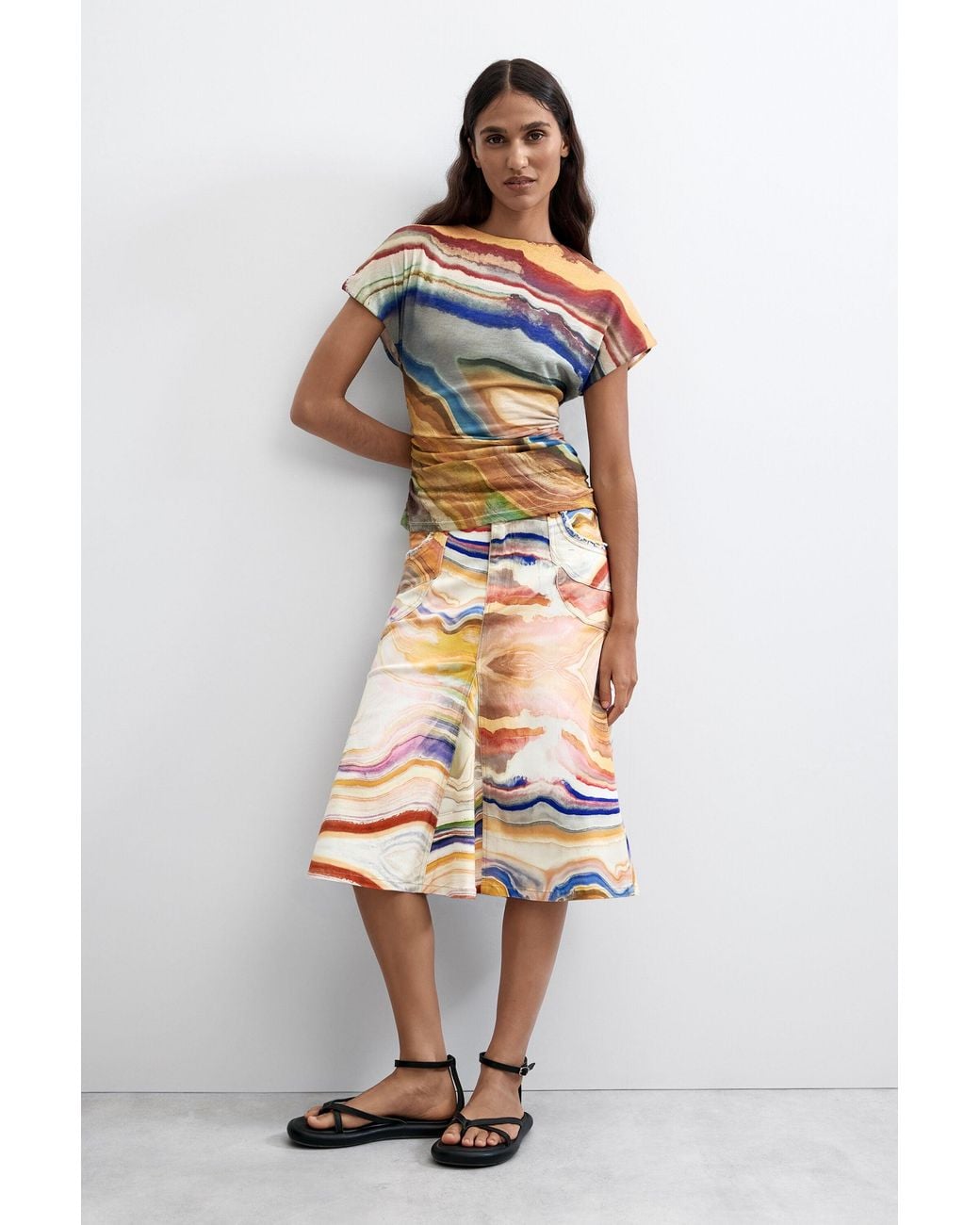 Desigual Yellow Printed Midi Skirt, Cotton