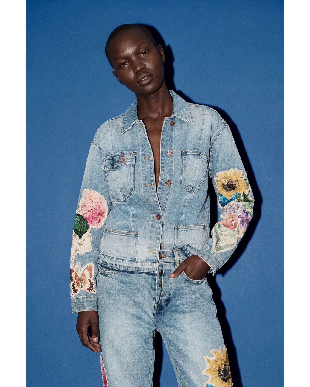 Desigual Blue Embroidered Denim Jacket, Cotton