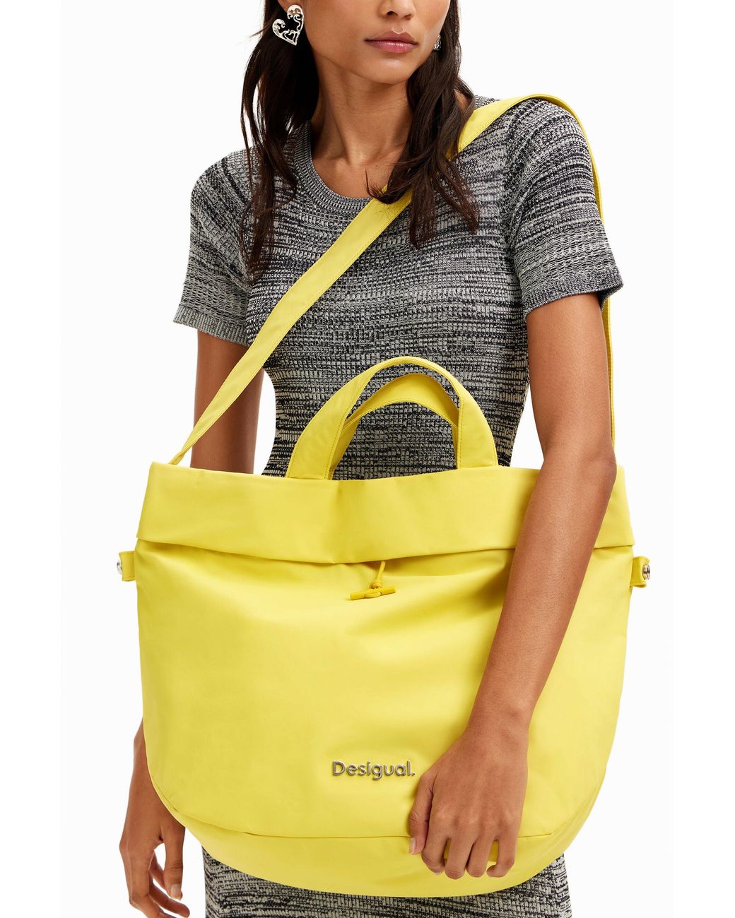 Desigual Yellow L Reversible Nylon Tote Bag, Polyamide