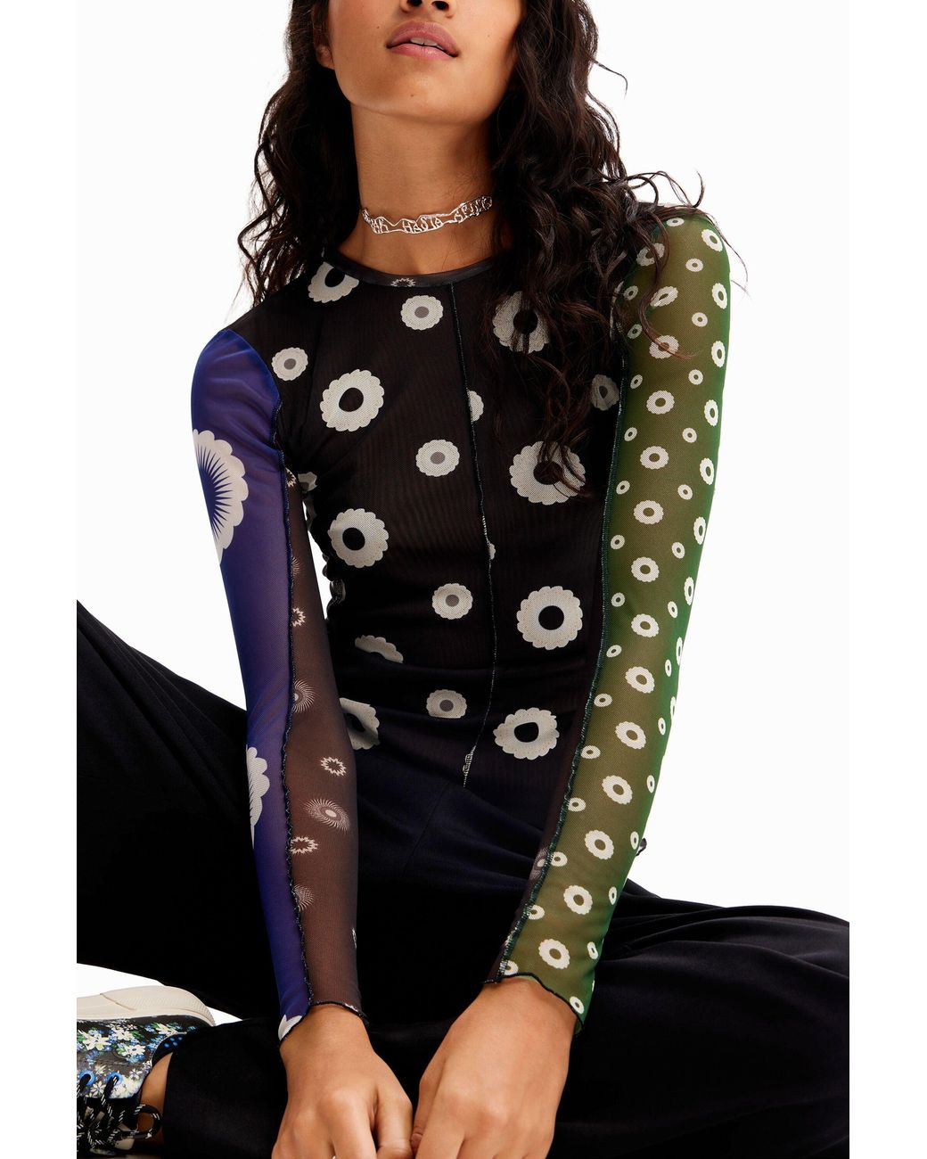 Desigual Black Geometric Tulle Patchwork T-Shirt, Polyester