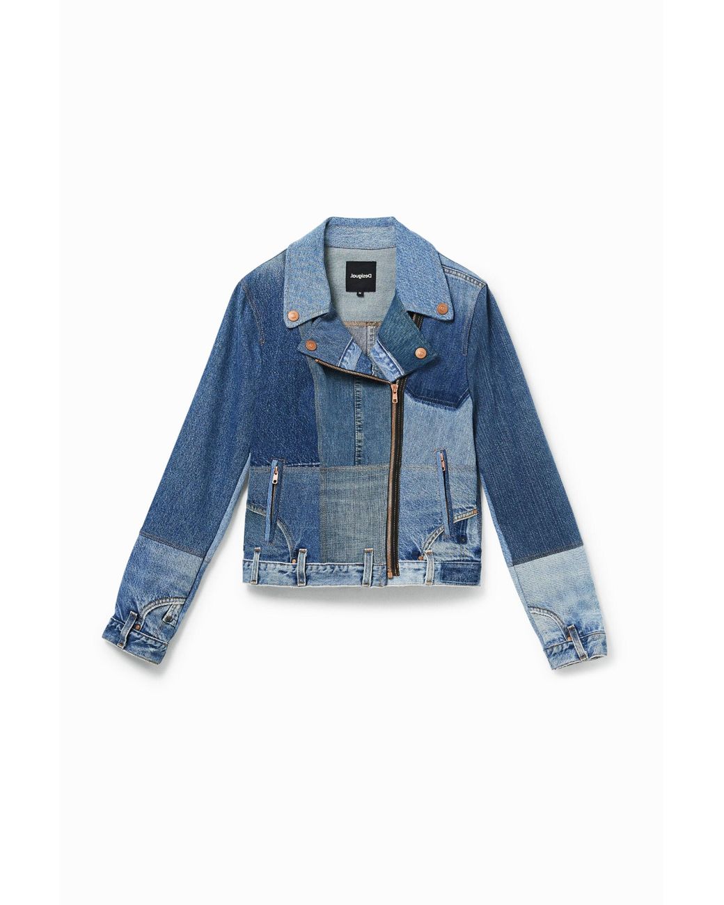 Desigual Blue Upcycled Denim Biker Jacket, Cotton