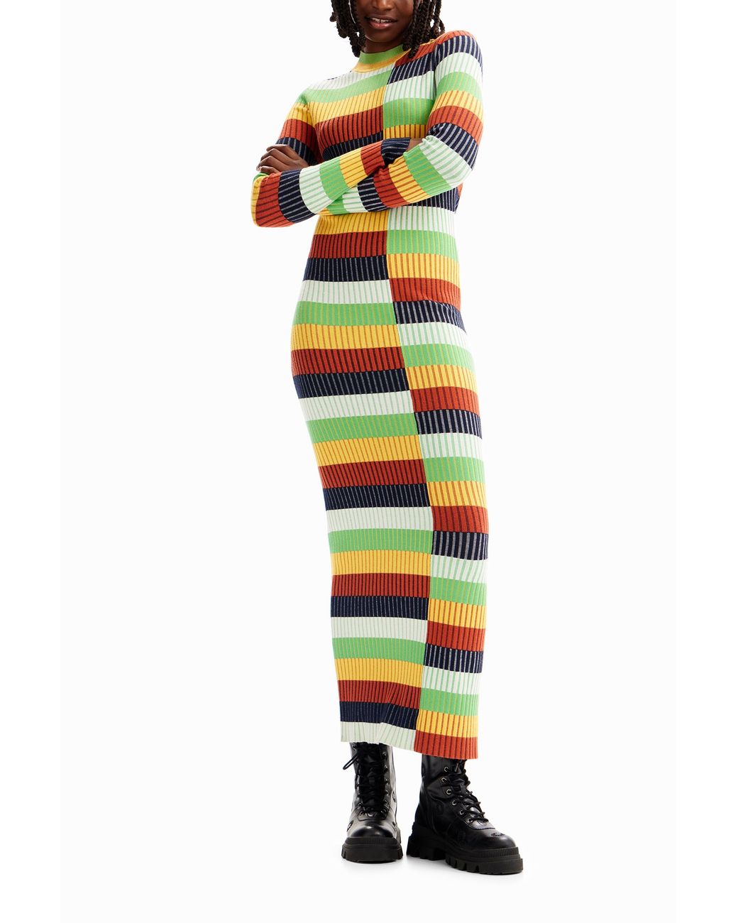 Desigual White Striped Knit Midi Dress