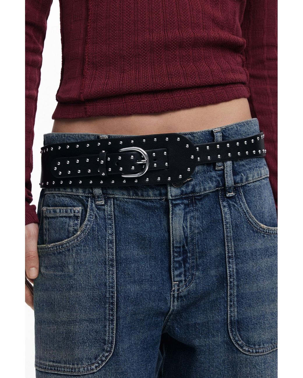 Desigual Black Wide Studded Belt, Polyurethane