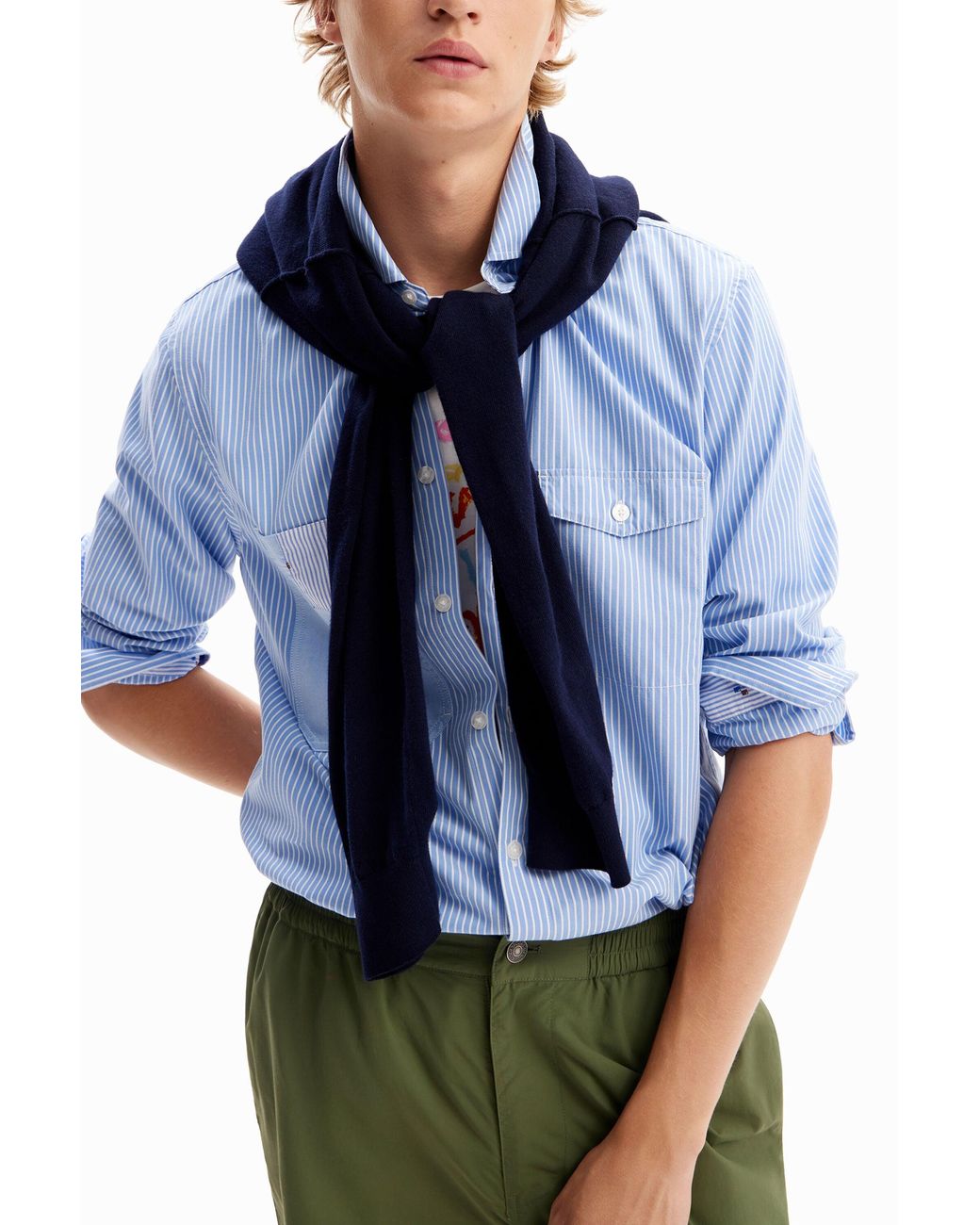 Desigual Blue Striped Pockets Shirt, Cotton for men