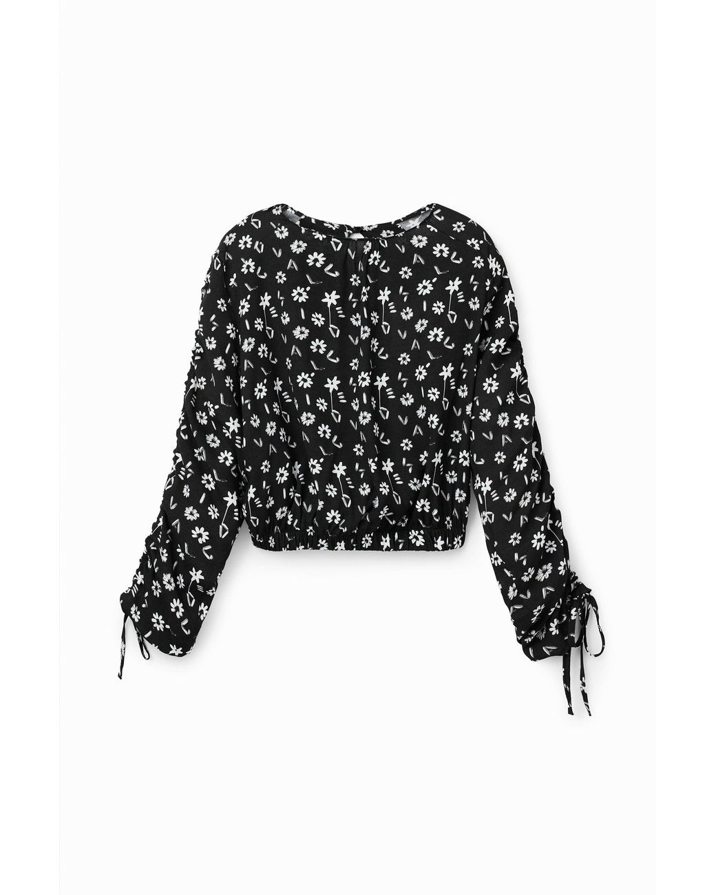 Desigual Black Short Gathered Floral Blouse, Viscose