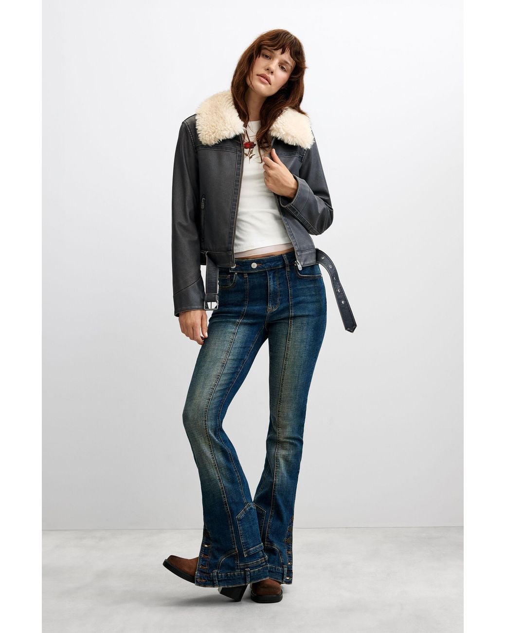 Desigual Blue Faux Leather Jacket With Fur Collar, Polyurethane