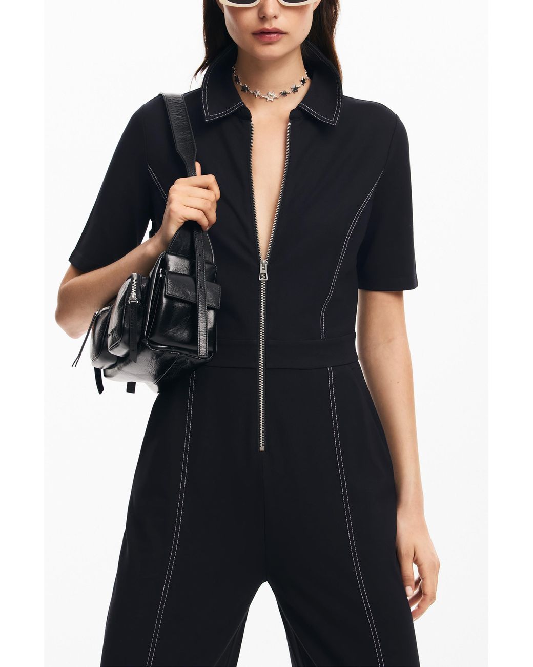 Desigual Black Long Jumpsuit With Topstitching